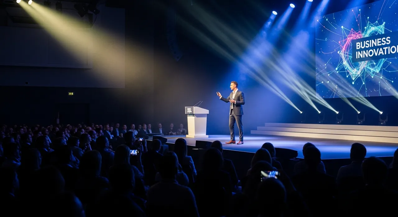 Mike Brin delivering a keynote at a major business conference